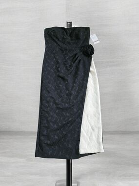 Maison Tara Strapless Black Dress with White Side Panel and Rosette